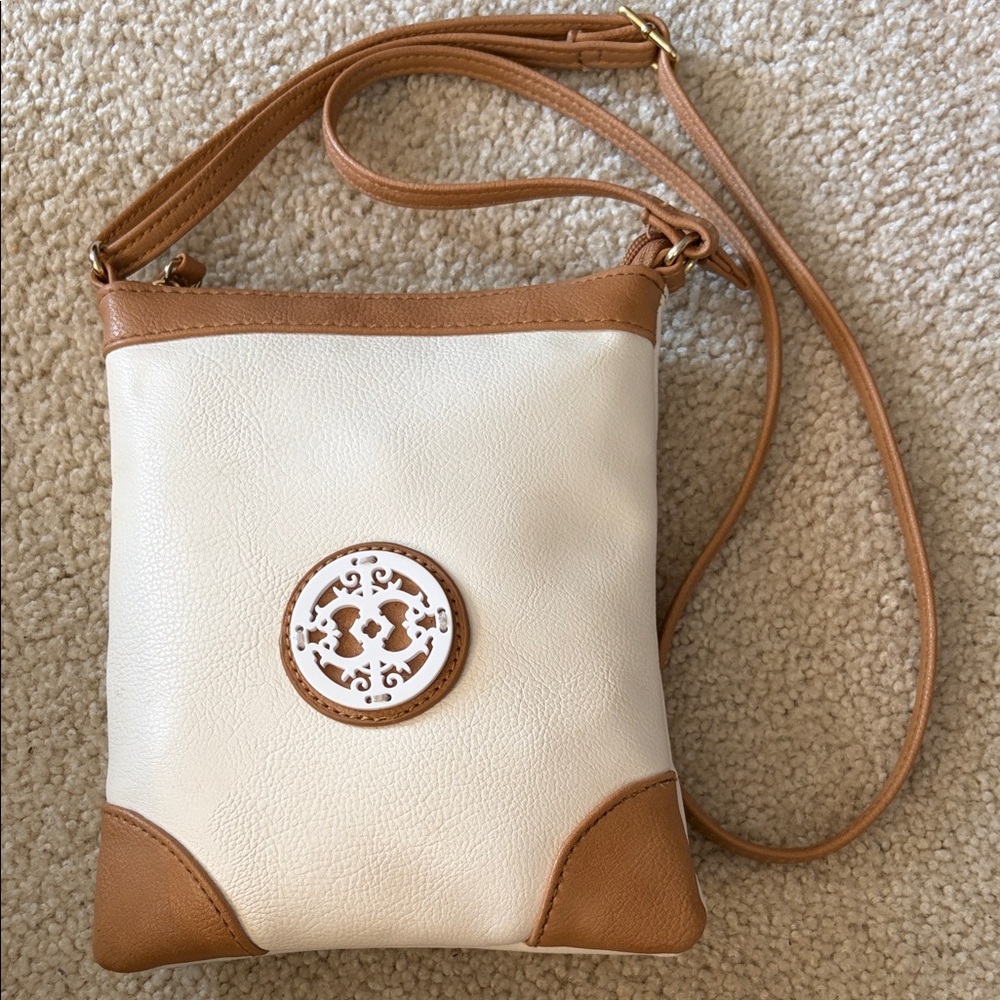 Cream and Tan Faux Pebbled Leather Adjustable Crossbody Bag